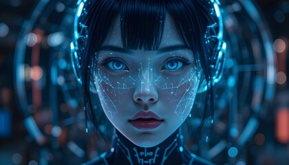 Chiaki Okada as a future AI icon, glowing cyber eyes, transparent hologram interface around her face, dark futuristic background, hyper-realistic digital art.
