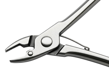 Stainless steel surgical medical pliers tool with serrated jaws isolated with transparent background