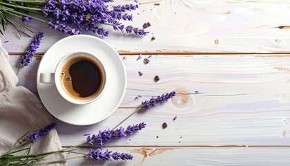 Cup of coffee with lavender flowers on rustic wooden table morning setting