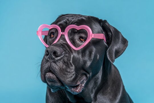Large black canine companion models bright pink heart shaped eyewear against a solid blue background