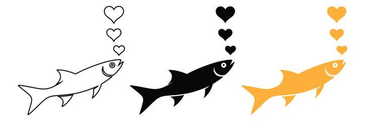 Obraz premium Colorful fish with hearts in playful loving relationships,Icons of Omega 3 Fatty Acids. Label for Packaging of Medicines and Food Products, Black and White Vector Icons. Sea Fish and Drop of Oil.