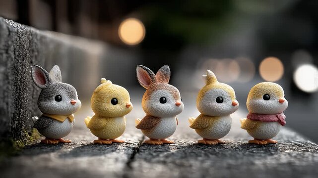 Cute chick and rabbit dolls stand in a row on city streets