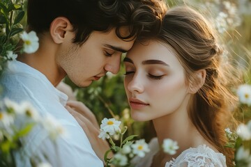 Young couple embracing tenderly amidst blooming white wildflowers in soft sunlight