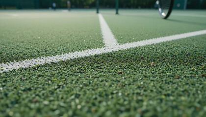 Close-up pista de tenis de hierba, c&eacute;sped reci&eacute;n cortado en una cancha de tenis antes de un torneo
