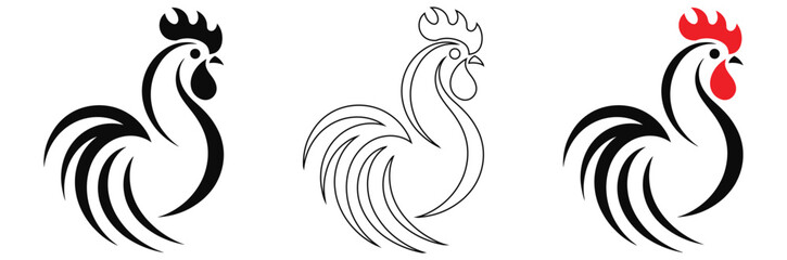 Obraz premium Rooster logos in black, white, and blue for branding,Black rooster logo icon silhouette vector illustration design on white background.Set of hen silhouette, chicken silhouettes, 