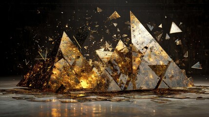 Abstract geometric crystal structure with gold and black elements.