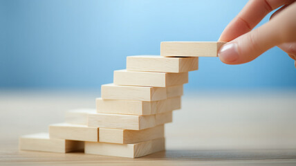 A hand placing a wooden block onto a stacked tower, symbolizing careful planning stability building and step by step progress.
