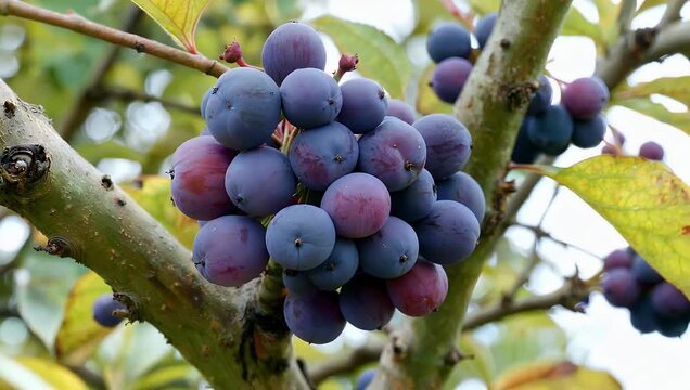 beautiful 4K close up of vivid purple berry clusters on branches symbolizing seasonal decoration mes associated with autumn and festive