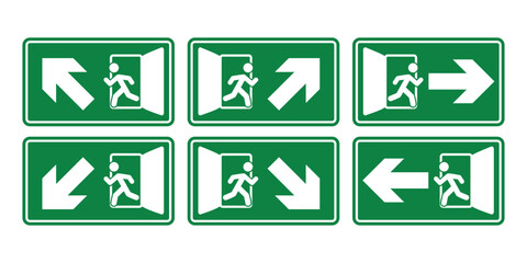green fire emergency exit sign symbol with different directions
