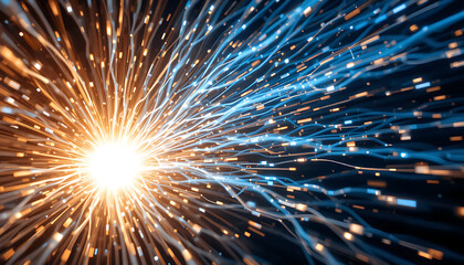 Glowing fiber-optic inspired data flow bursting outward, representing high-speed communication, big data transfer, AI networks, and advanced digital connectivity.