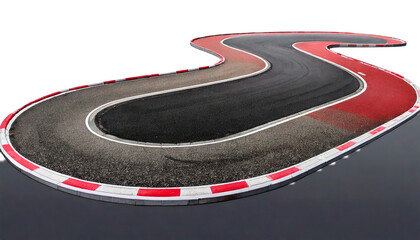A winding asphalt race track with red and white curbs curving right isolated on a transparen.png