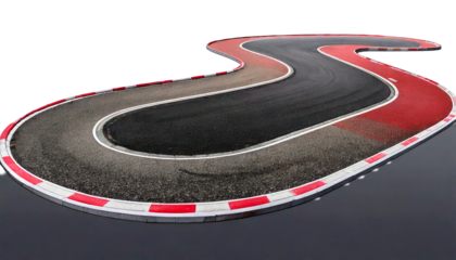 A winding asphalt race track with red and white curbs curving right isolated on a transparen.png