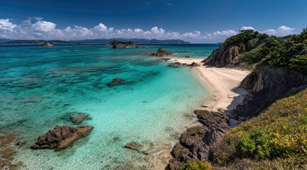 Fototapeta premium Beautiful coastal landscape with clear turquoise water and sky.