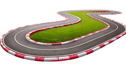 A winding asphalt race track with red and white curbs curving right isolated on a transparen.png