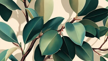 Elegant botanical art with lush, shadowed green leaves and branches on cream