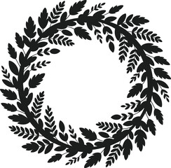 Black silhouette wreath of leaves and branches on white background floral