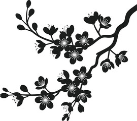 Black silhouette vector of cherry blossom branches with open flowers and buds on a white background tree