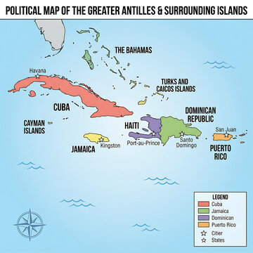 Political Map of the Greater Antilles and Surrounding Islands.