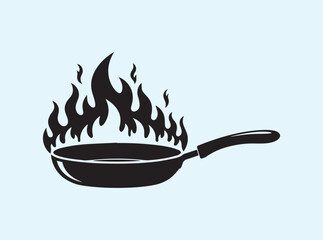 Frying Pan Silhouette with Cooking Flame Concept
