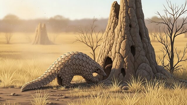 Prehistoric Armadillo-like Creature Walking Near Large Tree in Ancient Landscape