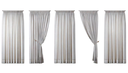  Five white fabric curtains displayed in different styles with pleats and tie-backs, isolated.png