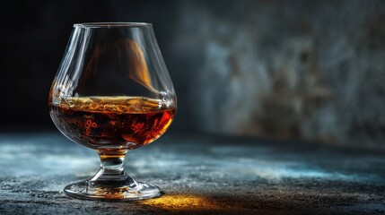 A detailed shot of a full cognac glass resting on a textured surface, under dramatic lighting. The amber liquid reflects subtle warm tones, creating a luxurious and elegant atmosphere.