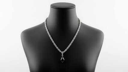 A silver necklace with a pendant on a black mannequin bust displayed against a white background