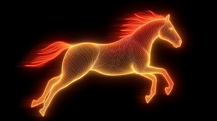 Fiery Stallion Silhouette: A captivating neon-style artwork showcasing a majestic horse galloping with an electrifying aura and a dark backdrop.
