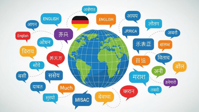 Globe with multilingual speech bubbles and flags on white background representing global communication and language diversity