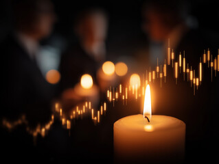 Candlelight Finance: A flickering candle illuminates a complex financial landscape, subtly overlaid with the silhouettes of figures discussing strategy in the background.
