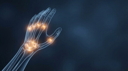 Arthritis Pain in Human Hand Joints, an X-ray Scan Illustrating Inflammation and Medical Conditions on a Dark Background