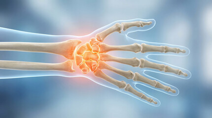 Wrist Pain, a Detailed 3D Medical Illustration of Human Hand Bones and Carpal Joints, Showing a Painful Condition