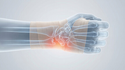 Wrist Injury Pain, a Detailed 3D Medical Illustration of a Bandaged Human Hand with Visible Bones, Illustrating Anatomy and Healing.