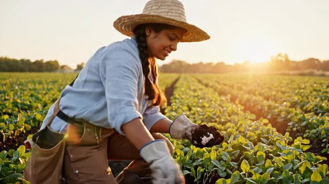 A woman in a straw hat and work gloves examines soil, set amongst green plants, at sunset