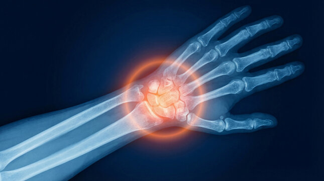 Wrist Pain X-ray, a detailed medical image of a human hand and forearm bones, highlighting the inflamed joint for healthcare diagnosis.