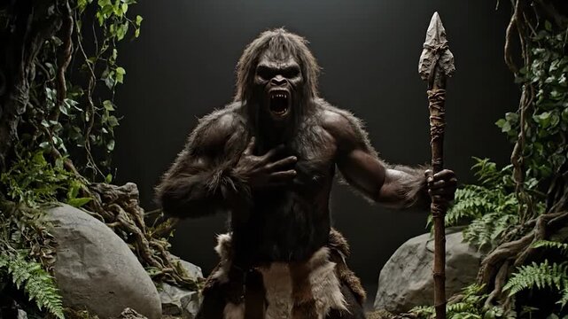 A powerful ape-like creature roars, holding a spear, surrounded by lush vegetation and stones