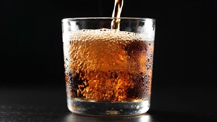 A refreshing dark beverage possibly cola or whiskey being expertly poured into a clear glass filled with sparkling ice cubes creating a dynamic splash and effervescent bubbles against a sleek dark ba. - Powered by Adobe