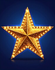 Obraz premium A luminous, five-pointed golden star with surrounding glowing lights against a dark blue background. Reflective and glittery