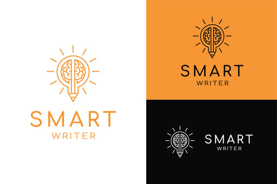 Human brain light bulb or sun with pencil smart writer editor