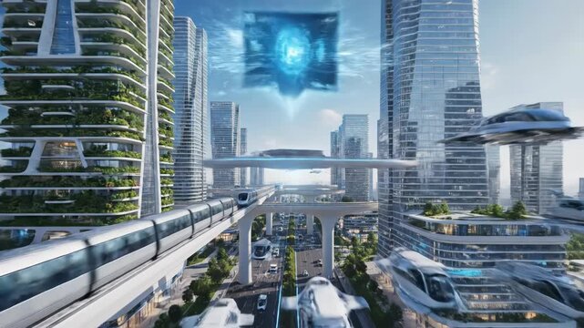 A futuristic cityscape showcases a modern transport system featuring high-rise buildings and AI interaction