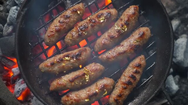 Overhead view of sausages grilling on a round barbecue grill over glowing embers and gray rocks with a smoky ambiance.
