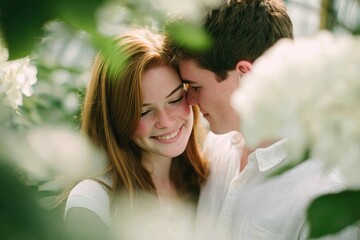 Young couple embraces intimately surrounded by soft white blossoms in natural daylight