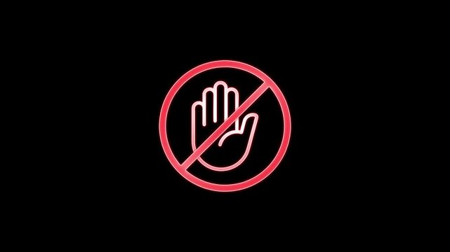Red glowing neon stop hand sign animation on black background with flickering light prohibition