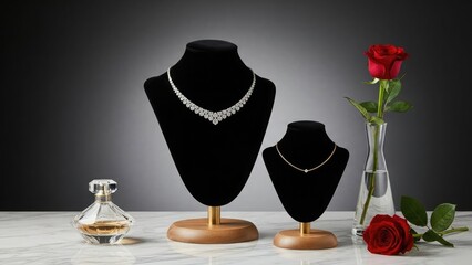 Elegant jewelry display with necklace, perfume, and roses on marble surface