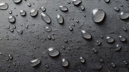 Water droplets rest on a dark surface showing reflections and shapes. The scene captures a moment after rainfall with a focus on the texture of the surface and the droplets.