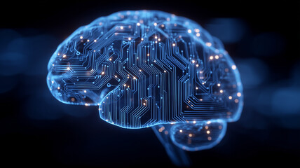 A transparent electronic brain made of circuits representing neural networks artificial intelligence and advanced data processing concept.

