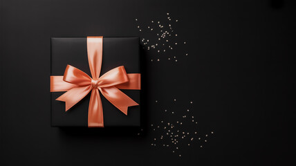 Black gift box with large copper ribbon bow on dark background with scattered white dots