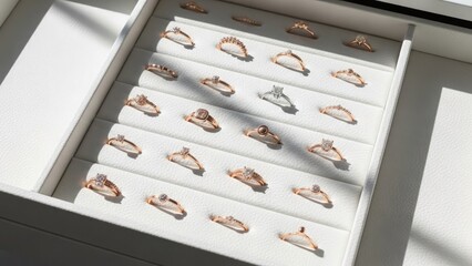 A collection of assorted rings displayed in a white jewelry box with sunlight casting shadows on the surface