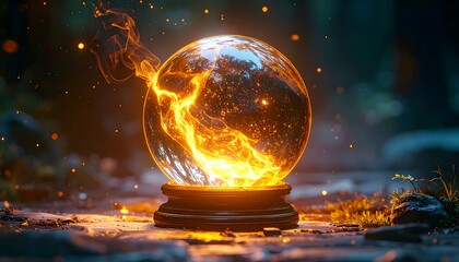 A luminous orb sits atop a wooden base, emitting vibrant golden energy, set against a blurred forest backdrop