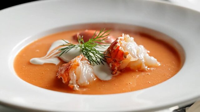 Delicious Lobster Bisque Soup with Cream and Dill Garnish.